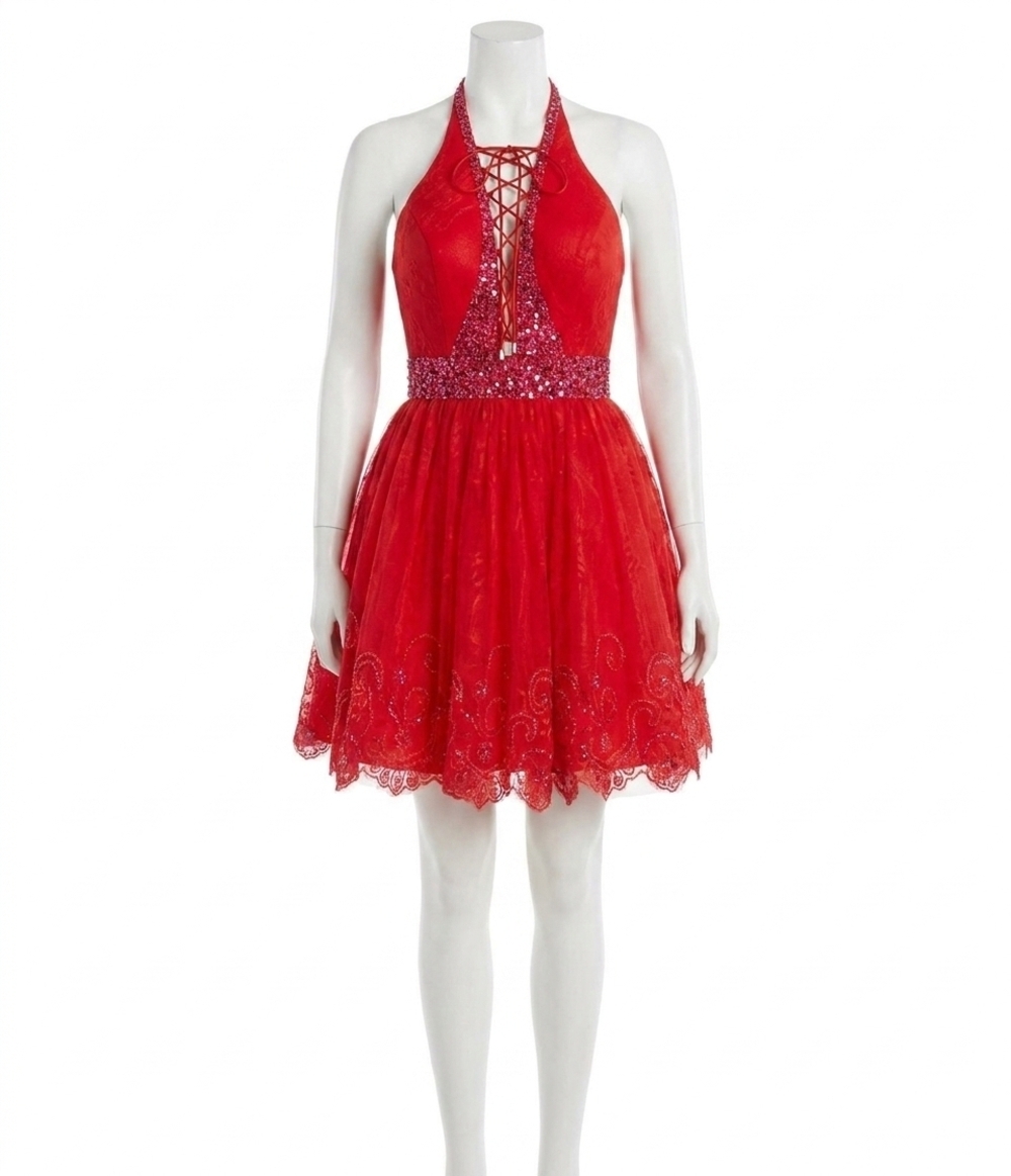 NEW RACHEL ALLAN lace open back short prom dress in red